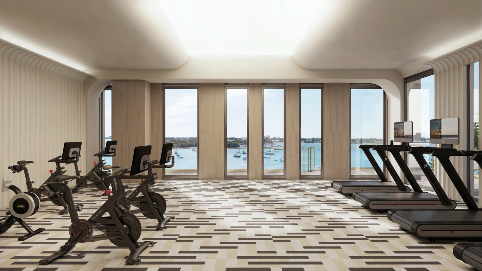2,400 sq ft luxury wellness center at Tula with state-of-the-art fitness equipment and bay views.