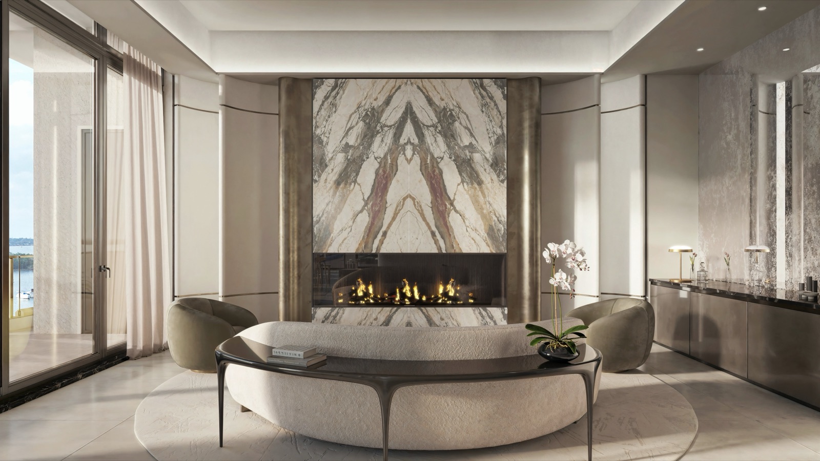 Great Room residents' lounge with marble fireplace, floor-to-ceiling windows, and Biscayne Bay views.