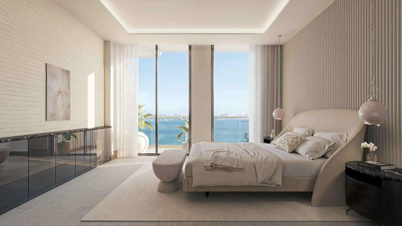 Primary bedroom suite at Tula Residences — custom millwork, oversize windows, custom European flooring.